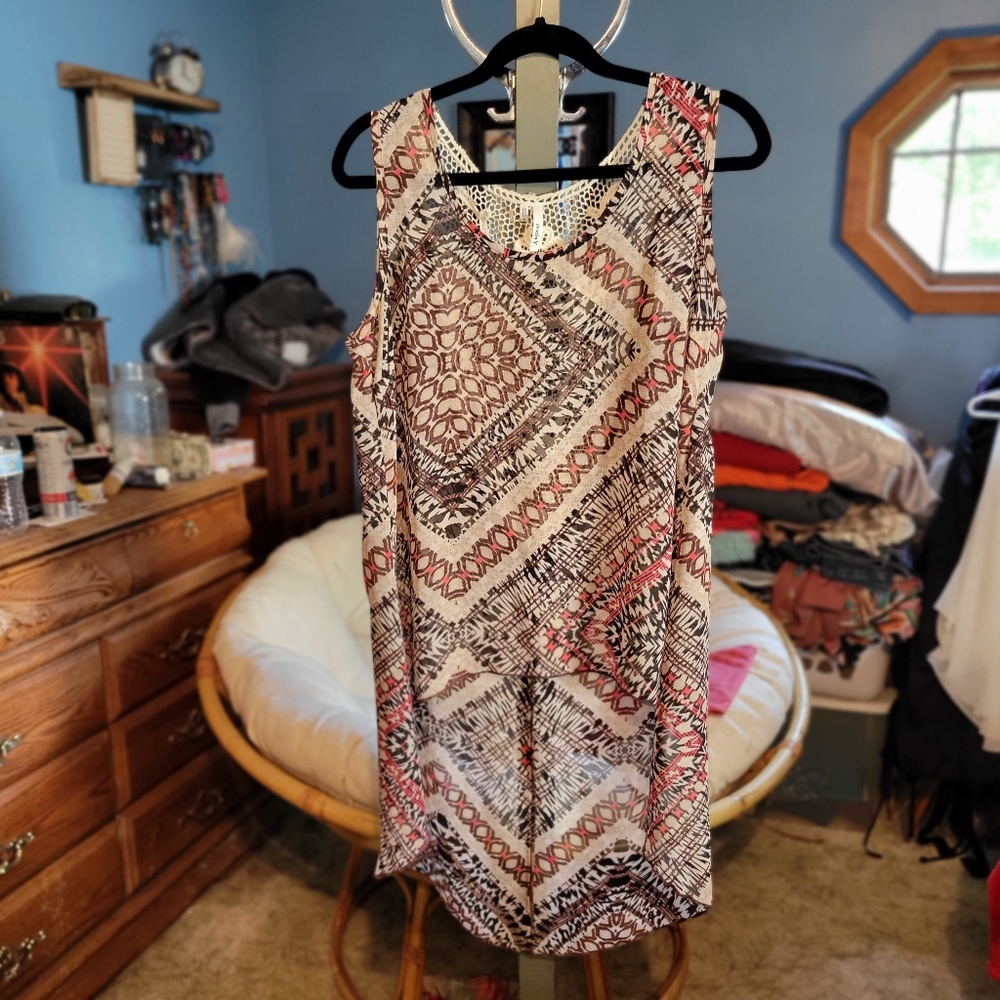 Tribal Aztec Pattern Tank Top Crochet Open Back